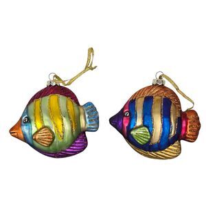Set of 2 Fish Ornaments Glass Tropical Striped Gold Glitter 4" Ocean